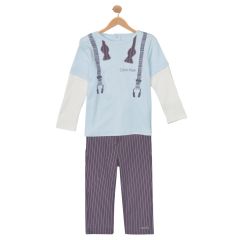 Blue Bow Tie Tee & Gray Stripe Pants-Blue-6-9-months